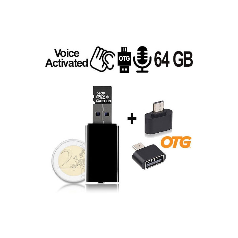 Micro USB-Voice-Recorder, 64GB bis 752 Std., VOX